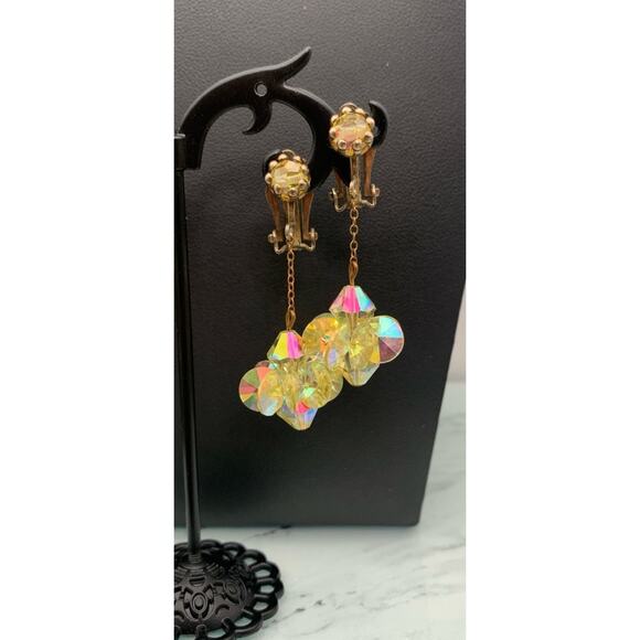 Vintage Rivoli Crystal Clip On Earrings Aurora Borealis Dangle Mid Century Glam - Picture 1 of 4